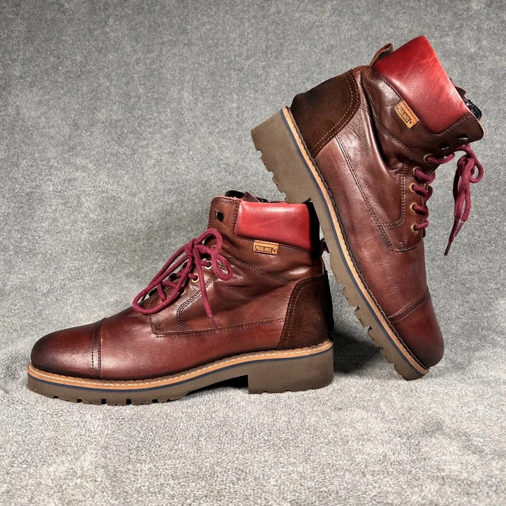 Pikolinos York Boots Brown Cognac Leather Burgundy Red Side Zip Mens 8 EU 41